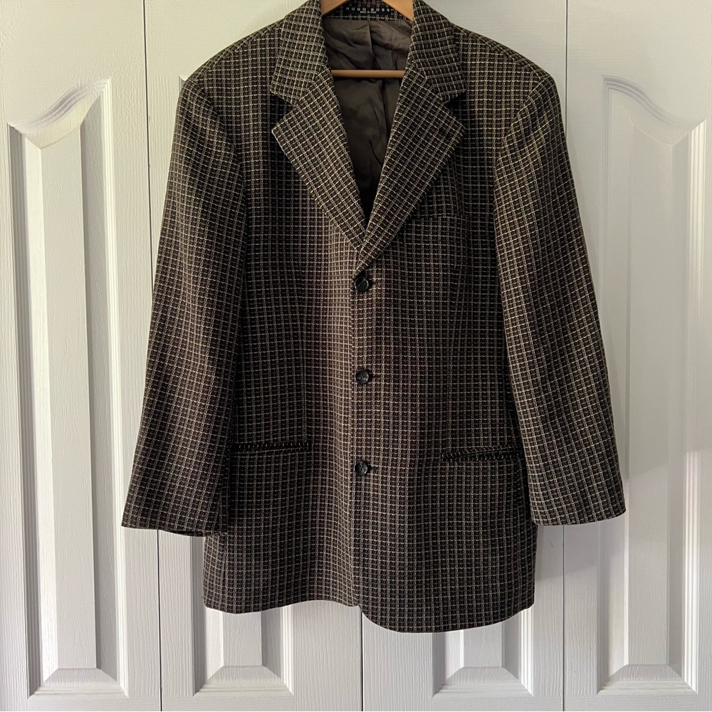 Hugo Boss Men's Black and Brown Checkered Blazer 100% Wool Size 42R